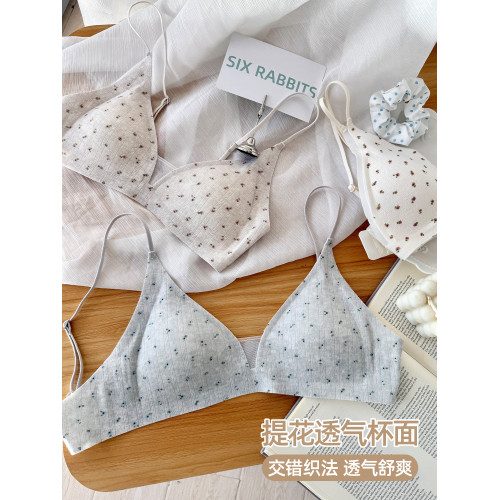 六隻兔子法式三角杯內衣女薄款深v領胸罩無鋼圈防下垂甜美風文胸