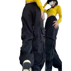 美式復古工裝褲女秋季濶腿褲設計感小衆寬鬆休閒薄款拖地長褲垂感