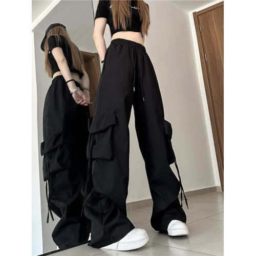 美式復古工裝褲女秋季濶腿褲設計感小衆寬鬆休閒薄款拖地長褲垂感