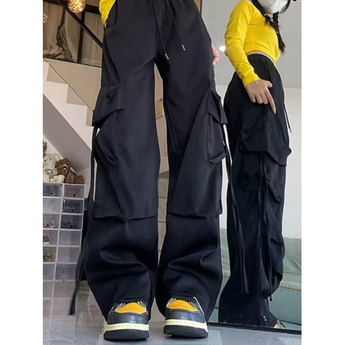 美式復古工裝褲女秋季濶腿褲設計感小衆寬鬆休閒薄款拖地長褲垂感