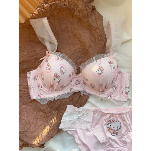 粉色喵喵 可愛日系少女內衣無鋼圈蝴蝶結kt貓小胸聚攏文胸罩套裝