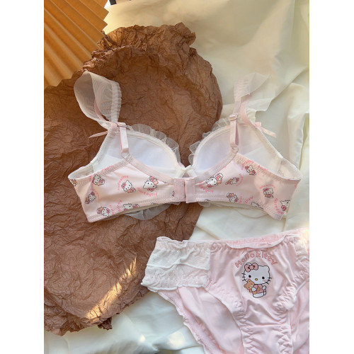 粉色喵喵 可愛日系少女內衣無鋼圈蝴蝶結kt貓小胸聚攏文胸罩套裝