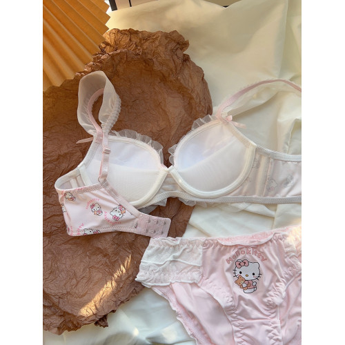 粉色喵喵 可愛日系少女內衣無鋼圈蝴蝶結kt貓小胸聚攏文胸罩套裝