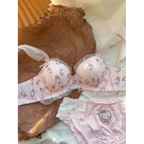 粉色喵喵 可愛日系少女內衣無鋼圈蝴蝶結kt貓小胸聚攏文胸罩套裝