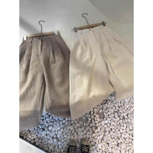 八分米色燈芯絨濶腿褲女秋冬加厚小個子寬鬆顯瘦休閒蘿蔔奶奶褲xs