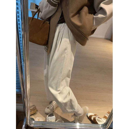 八分米色燈芯絨濶腿褲女秋冬加厚小個子寬鬆顯瘦休閒蘿蔔奶奶褲xs