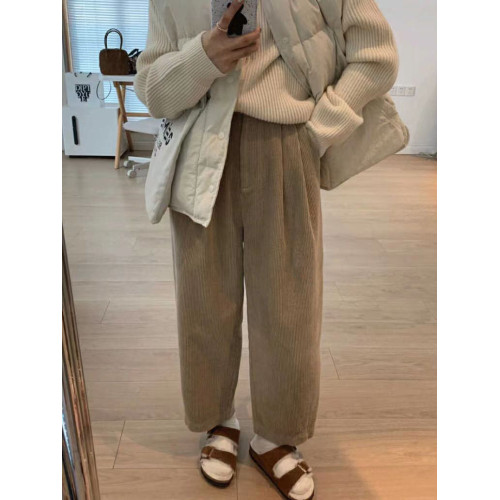 八分米色燈芯絨濶腿褲女秋冬加厚小個子寬鬆顯瘦休閒蘿蔔奶奶褲xs