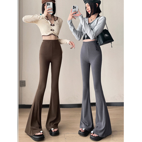 高級感咖色西裝褲女春秋高腰垂感馬蹄褲修身顯瘦彈力休閒微喇叭褲