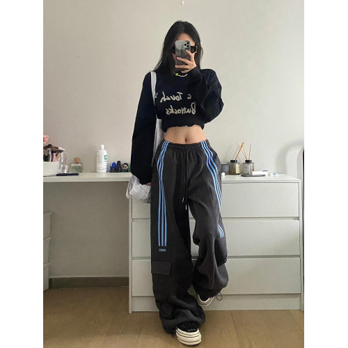 美式復古工裝褲女秋冬加絨衛褲寬鬆濶腿褲條紋運動褲休閒拖地長褲