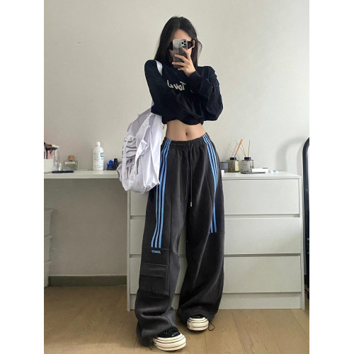 美式復古工裝褲女秋冬加絨衛褲寬鬆濶腿褲條紋運動褲休閒拖地長褲