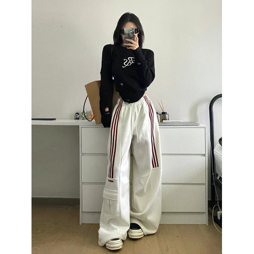 美式復古工裝褲女秋冬加絨衛褲寬鬆濶腿褲條紋運動褲休閒拖地長褲