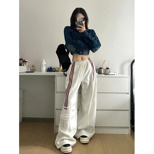 美式復古工裝褲女秋冬加絨衛褲寬鬆濶腿褲條紋運動褲休閒拖地長褲