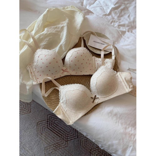 法式碎花蕾絲邊內衣女聚攏小胸顯圓收副乳防下垂薄款文胸套裝