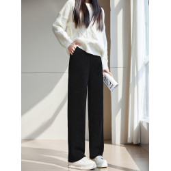 窄版冬季加絨雪尼爾濶腿褲女小個子高腰垂感松緊腰直筒長褲細條紋