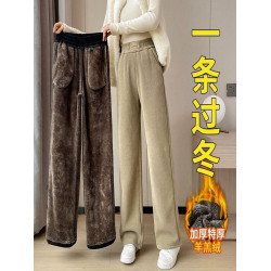 濶腿褲女冬季加絨加厚羊羔絨高腰大碼休閒直筒棉褲女媽媽加絨褲子