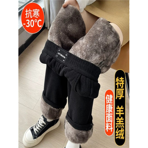 濶腿褲女冬季加絨加厚羊羔絨高腰大碼休閒直筒棉褲女媽媽加絨褲子