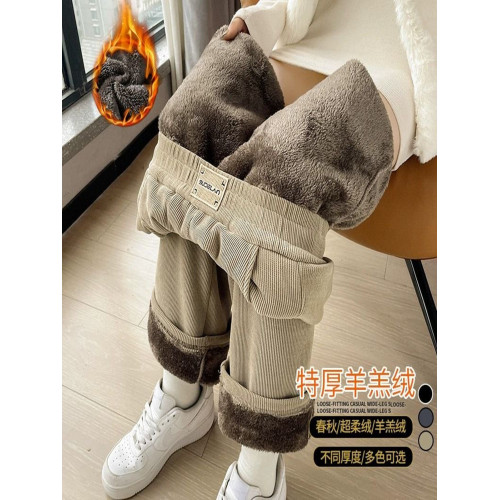 濶腿褲女冬季加絨加厚羊羔絨高腰大碼休閒直筒棉褲女媽媽加絨褲子