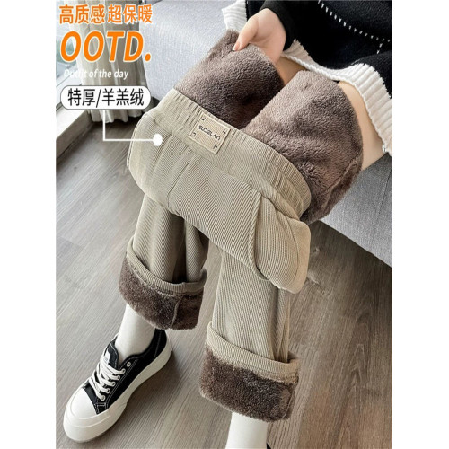 濶腿褲女冬季加絨加厚羊羔絨高腰大碼休閒直筒棉褲女媽媽加絨褲子