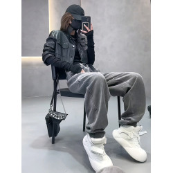 美式復古灰色褲子女設計感小衆高腰直筒彈力歐貨濶腿顯瘦牛仔褲潮