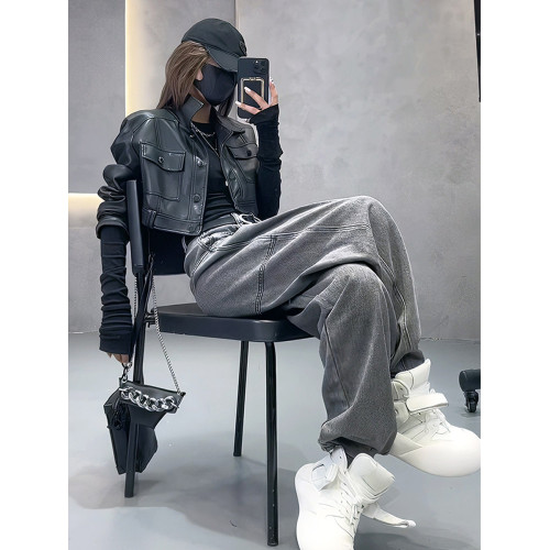 美式復古灰色褲子女設計感小衆高腰直筒彈力歐貨濶腿顯瘦牛仔褲潮