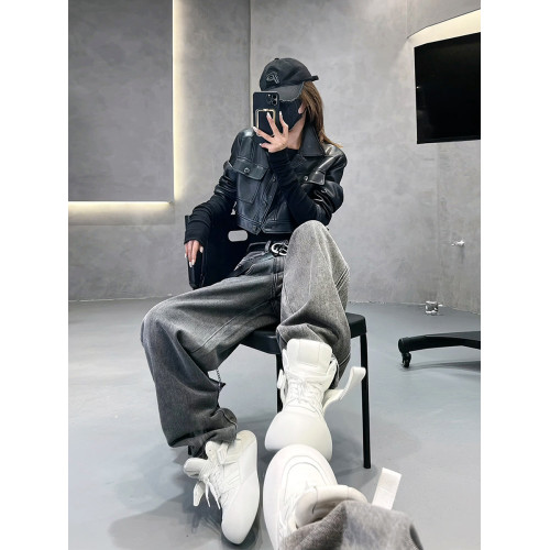 美式復古灰色褲子女設計感小衆高腰直筒彈力歐貨濶腿顯瘦牛仔褲潮