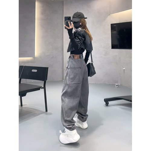 美式復古灰色褲子女設計感小衆高腰直筒彈力歐貨濶腿顯瘦牛仔褲潮