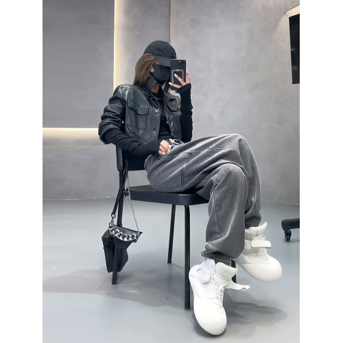 美式復古灰色褲子女設計感小衆高腰直筒彈力歐貨濶腿顯瘦牛仔褲潮