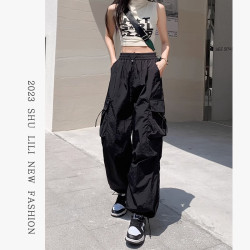 美式工裝褲女爵士舞寬鬆濶腿運動褲高腰顯瘦休閒百搭直筒束腳長褲