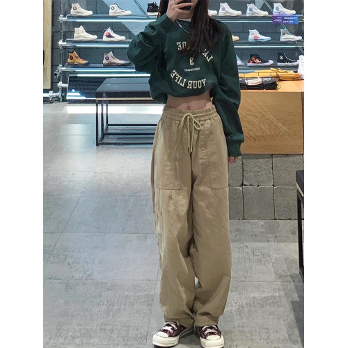 美式卡其工裝休閒褲女春季新款大碼胖mm寬鬆顯瘦梨形身材濶腿褲子 美式卡其工裝休閒褲女春季新款大碼胖mm寬鬆顯瘦梨形身材濶腿褲子