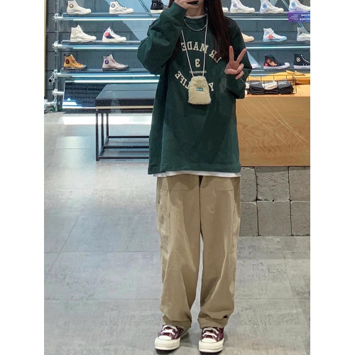 美式卡其工裝休閒褲女春季新款大碼胖mm寬鬆顯瘦梨形身材濶腿褲子 美式卡其工裝休閒褲女春季新款大碼胖mm寬鬆顯瘦梨形身材濶腿褲子