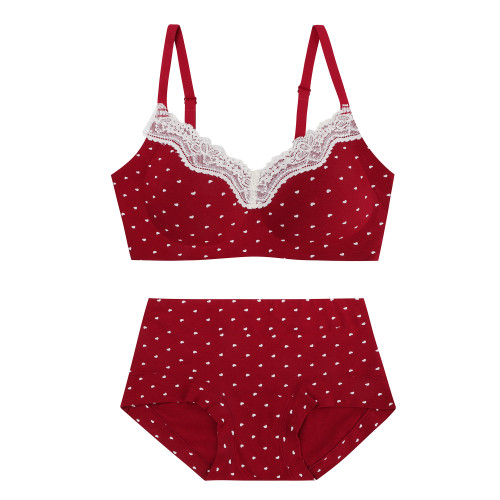 馨幫幫Bra 紅色本命年新婚內衣套裝女小胸聚攏無痕蕾絲邊波點文胸