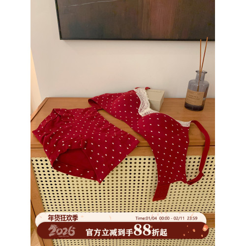 馨幫幫Bra 紅色本命年新婚內衣套裝女小胸聚攏無痕蕾絲邊波點文胸