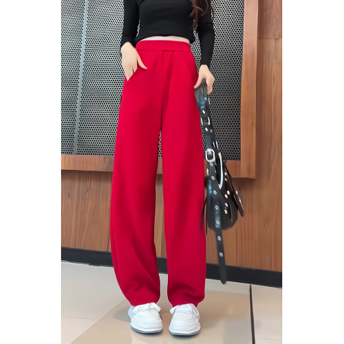 新年紅色高腰直筒休閒褲女2025秋冬季新款加絨加厚濶腿香蕉褲衛褲