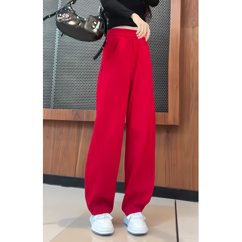 新年紅色高腰直筒休閒褲女2025秋冬季新款加絨加厚濶腿香蕉褲衛褲