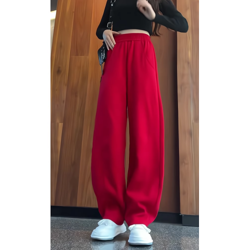 新年紅色高腰直筒休閒褲女2025秋冬季新款加絨加厚濶腿香蕉褲衛褲