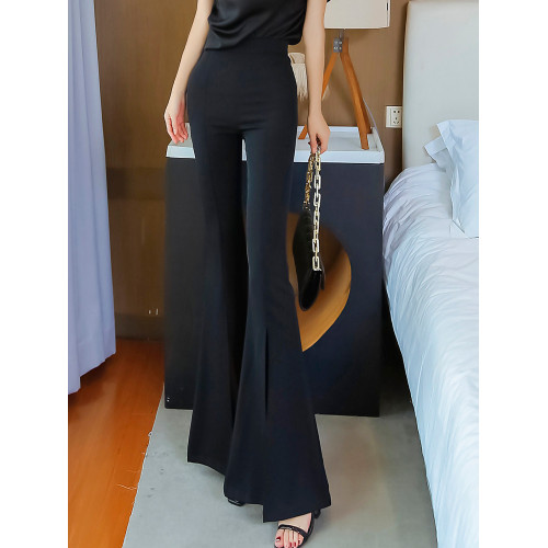 夏季喇叭褲開叉垂感女瘦腿爆款新款高腰長褲休閒褲子黑色百搭修身