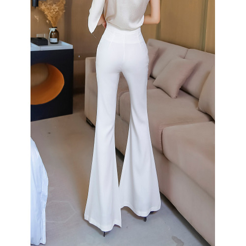 夏季喇叭褲開叉垂感女瘦腿爆款新款高腰長褲休閒褲子黑色百搭修身