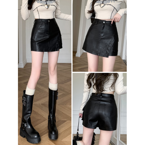 PU皮短褲女2025新款秋冬季款高腰外穿裙褲黑色不規則a字濶腿靴褲