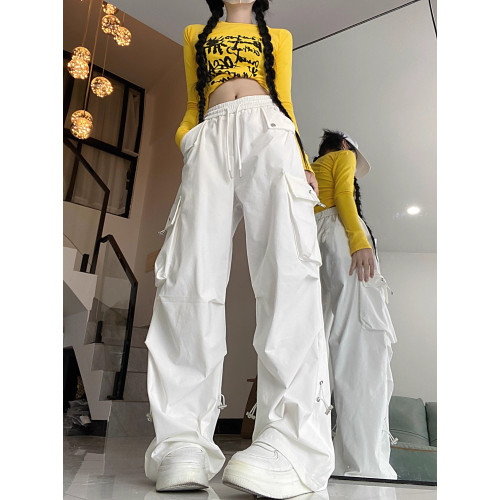 白色工裝褲女辣妹美式hiphop潮牌高街嘻哈爵士舞寬鬆休閒運動褲