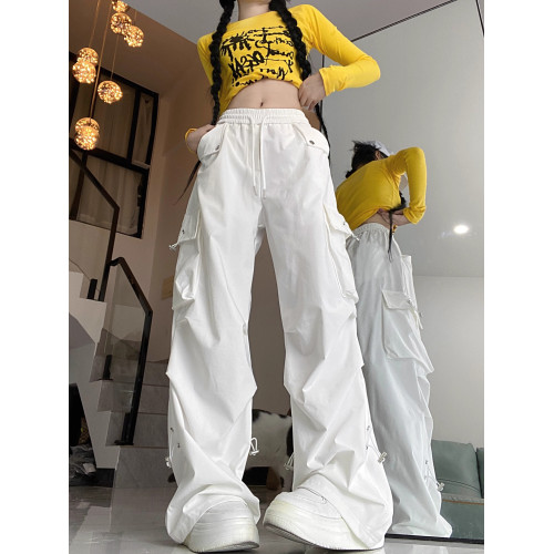 白色工裝褲女辣妹美式hiphop潮牌高街嘻哈爵士舞寬鬆休閒運動褲