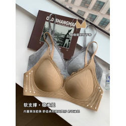 睫毛蕾絲V領無痕螺紋內衣女士小胸聚攏收副乳防下垂無鋼圈文胸罩