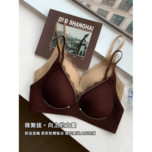 睫毛蕾絲V領無痕螺紋內衣女士小胸聚攏收副乳防下垂無鋼圈文胸罩