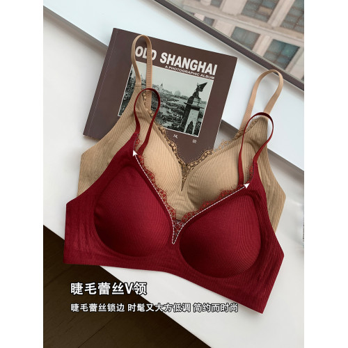 睫毛蕾絲V領無痕螺紋內衣女士小胸聚攏收副乳防下垂無鋼圈文胸罩