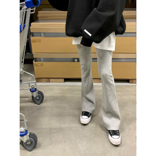 韓國東大門春季新款時尚純色高腰修身顯瘦百搭羅紋喇叭休閒褲女