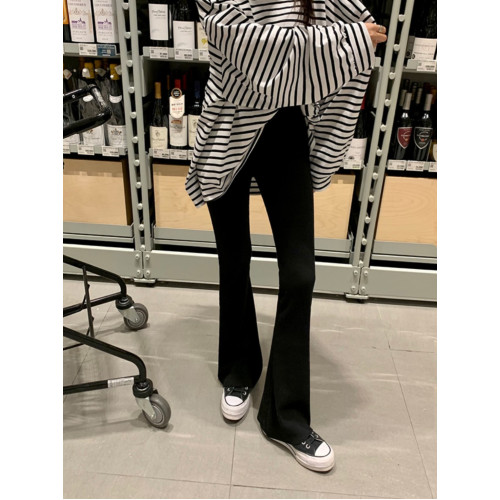 韓國東大門春季新款時尚純色高腰修身顯瘦百搭羅紋喇叭休閒褲女