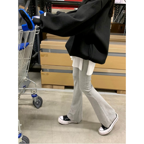 韓國東大門春季新款時尚純色高腰修身顯瘦百搭羅紋喇叭休閒褲女