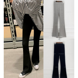 韓國直筒螺紋高腰休閒褲女2024秋季寬鬆微喇叭長褲彈力神奇瘦瘦褲