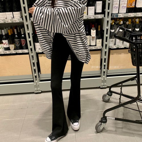 韓國直筒螺紋高腰休閒褲女2024秋季寬鬆微喇叭長褲彈力神奇瘦瘦褲