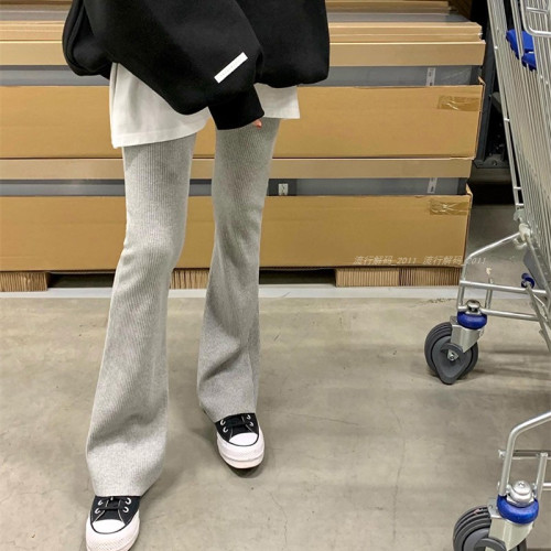 韓國直筒螺紋高腰休閒褲女2024秋季寬鬆微喇叭長褲彈力神奇瘦瘦褲