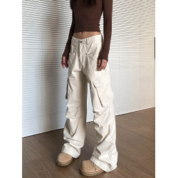 apocket美式復古米白色多口袋工裝褲女新款街頭寬鬆褶皺直筒褲子